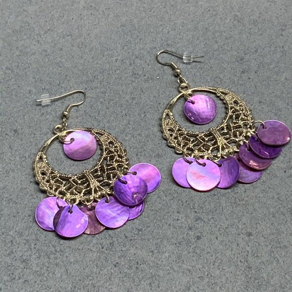 Filigree Hoop Dangle Earrings 2.5 In As Is Purple MOP Shell Vintage Silver - Picture 4 of 5